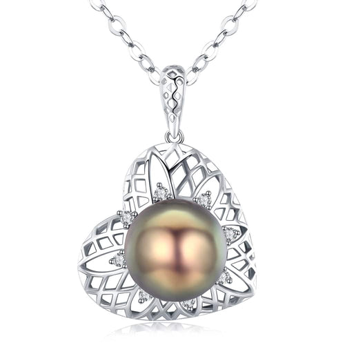 Silver heart-shaped pendant with a dark freshwater pearl at the center, surrounded by diamond-like accents in an intricate lattice design