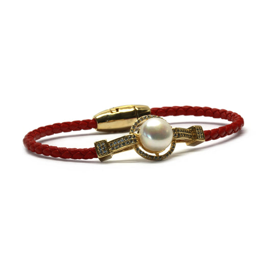 Red and Gold Braided Leather Pearl Bangle Bracelet - Timeless Pearl