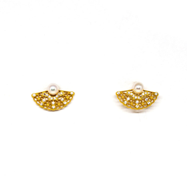 Carved Golden Fan Akoya Pearl Earrings - Timeless Pearl