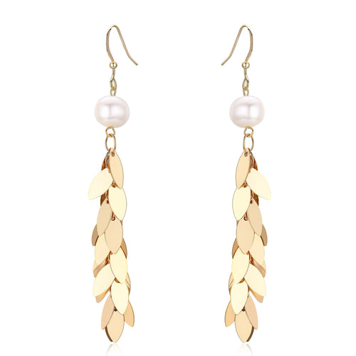 Long drop earrings with a white freshwater pearl and gold-plated leaf-shaped charms