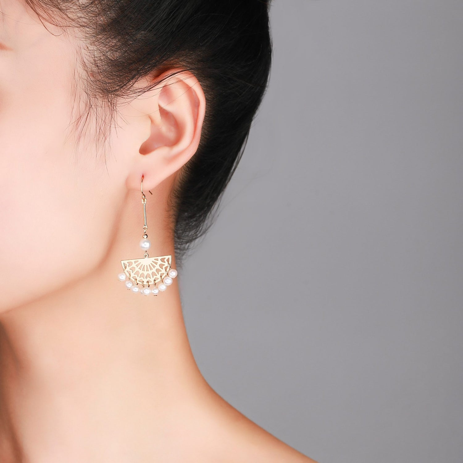 Carved Golden Fan Drop Pearl Earrings - Timeless Pearl