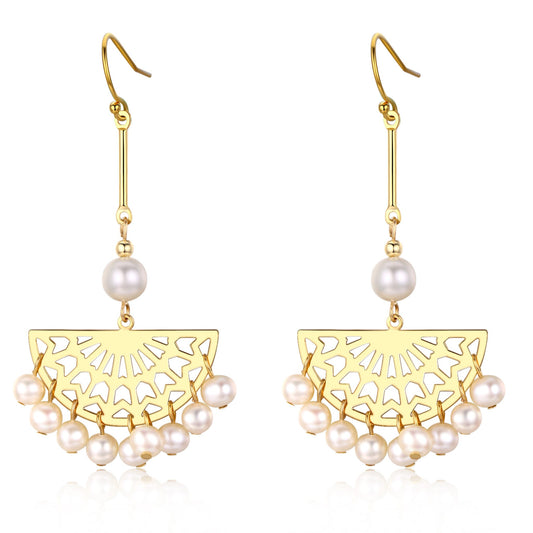 Carved Golden Fan Drop Pearl Earrings - Timeless Pearl